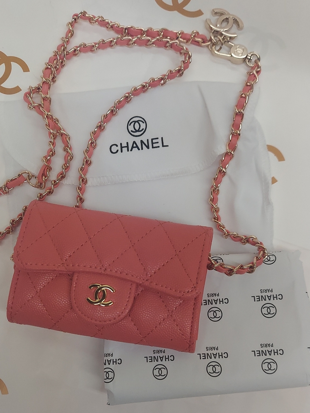 Chanel Coral Pink Caviar mini card holder with chain